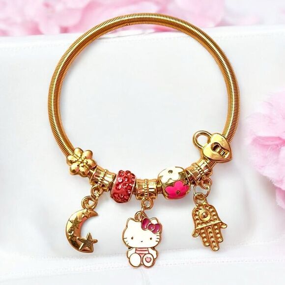 Hello Kitty Red Heart Lock Hamsa Moon Flower Gold Tone Stretch Charm Bracelet - Picture 1 of 2